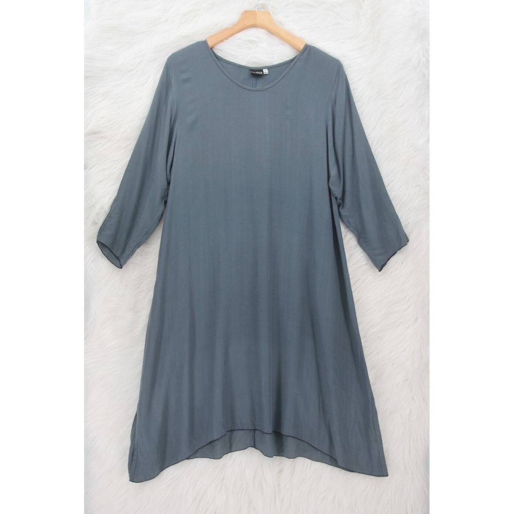 IguaNa Shift Dress S Blue Green Lightweight Lagenlook 3/4 Sleeve Minimalist Boho